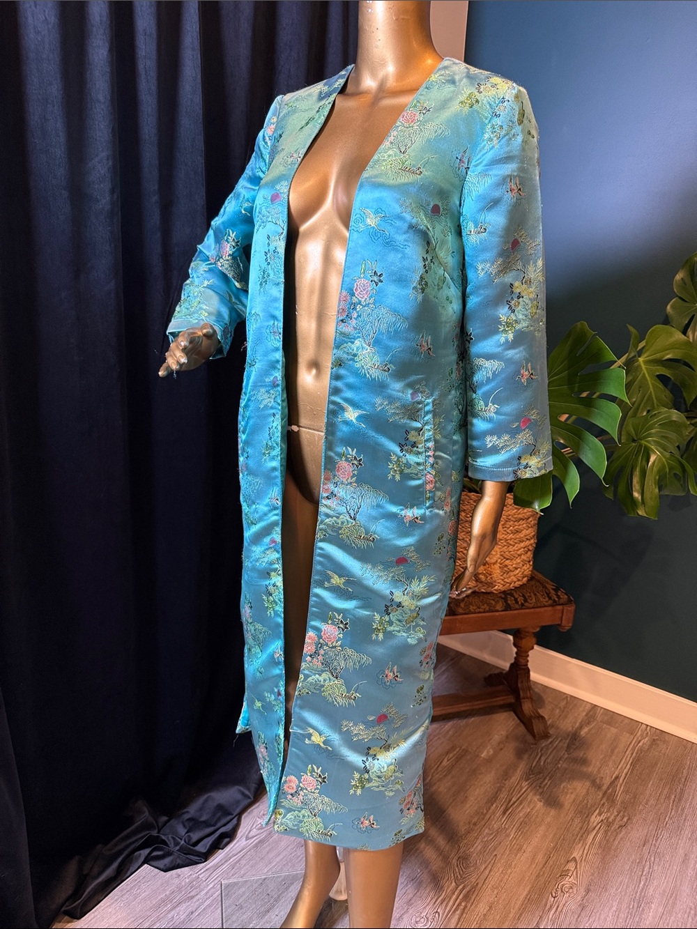 Free People Turquoise Floral Satin Long Jacket - Women's